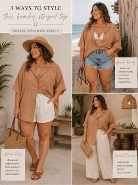 👒 Beachy Striped Oversized Shirt - Tan NWT🩴